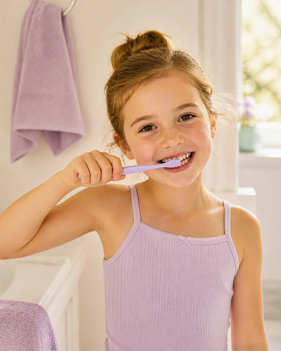 Niña cepillando sus dientes con alegría