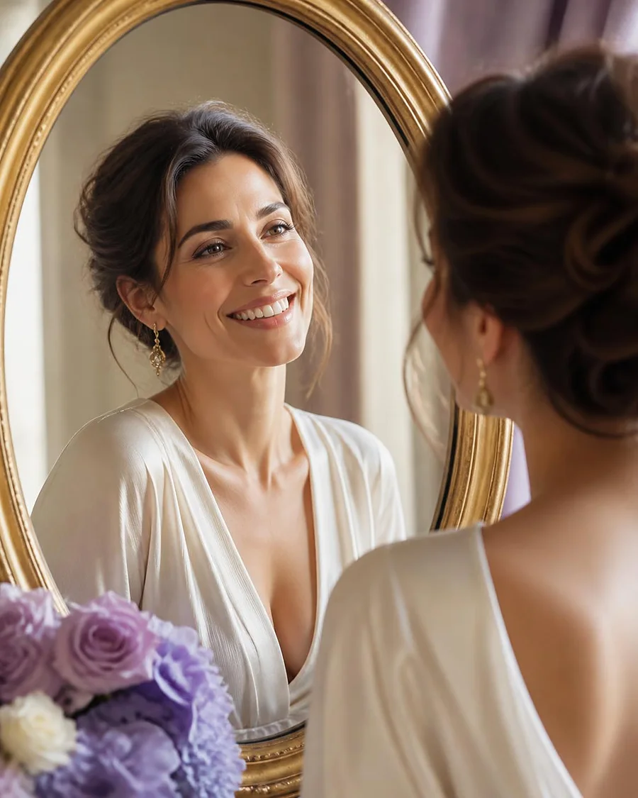 Mujer admirando su sonrisa natural en un espejo